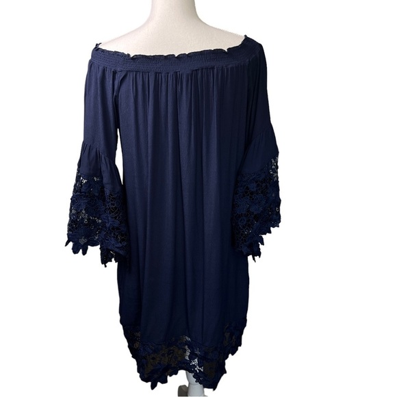 2 Chic Luxe Navy Lace Off the Shoulder Bell Sleeve Dress size: One Size - Picture 2 of 13